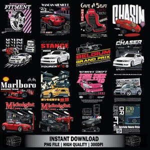 Puede incluir: Una colección de diseños gráficos con temática automovilística sobre un fondo negro. Los diseños presentan coches, elementos de carreras y texto japonés. Los diseños incluyen los textos "FITMENT", "WANGAN MIDNIGHT", "GIVE A SEAT", "CHASIN", "STANCE CLUB", "BELGIUM GRAND PRIX", "STREET DRIFT", "Marlboro RACING TEAM", "Midnight" y "BMW/M".
