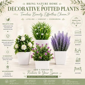 May include: Four artificial potted plants in white square containers. One features white flowers with green leaves, one has tall green grass with small white flowers, one has purple flowers with green leaves, and one has small purple flowers.