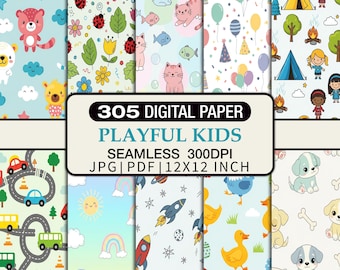 Paquete de papel digital para niños: 305 patrones de animales de dibujos animados sin costuras (JPG + PDF)