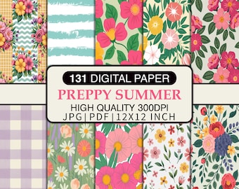 Paquete de papeles digitales Preppy Summer, paquete de papeles con estampado floral, papel colorido para álbumes de recortes, JPG PDF imprimible, conjunto de fondos digitales