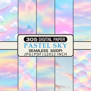 May include: Digital paper set featuring pastel sky designs with clouds in shades of pink, blue, and yellow. The text on the image reads "305 Digital Paper Pastel Sky Seamless 300DPI JPG PDF 30.48x30.48 cm."