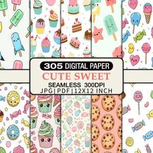 Könnte beinhalten: Digitales Papier-Set mit Mustern von Cupcakes, Eis, Keksen und Süßigkeiten. Der Text auf dem Bild lautet "305 Digital Paper, Cute Sweet, Seamless 300DPI, JPG | PDF | 12x12 inch". Die Muster sind in Pastellfarben gehalten.