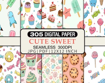 Paquete de papeles digitales de postres kawaii con patrones de dulces (JPG + PDF)
