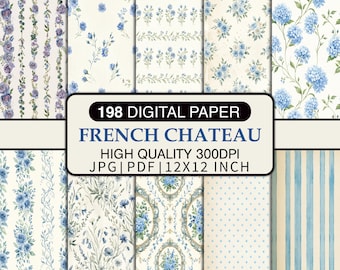 Paquete de papeles digitales estilo castillo francés, papel digital floral azul, paquete de papeles vintage para álbumes de recortes, JPG y PDF imprimibles, diseños estilo cottagecore.