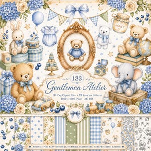 Paquete de imágenes prediseñadas de Gentlemen Atelier: ositos de peluche, elefantes y conejitos en acuarela, con diseños azules para guardería (descarga digital).