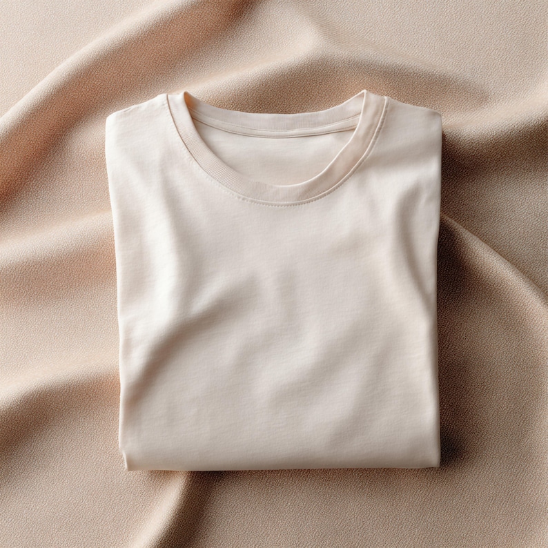 May include: A folded, light beige t-shirt with a crew neck. The shirt is neatly arranged on a matching beige fabric, creating a monochromatic and minimalist aesthetic. The fabric has a subtle texture.