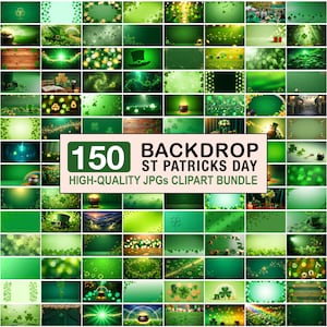 Könnte beinhalten: Eine Sammlung von 150 hochwertigen JPGs, St. Patrick's Day Clipart-Bundle. Die Bilder zeigen verschiedene Grüntöne mit Kleeblättern, Koboldhüten, Goldtöpfen und anderen festlichen Elementen.