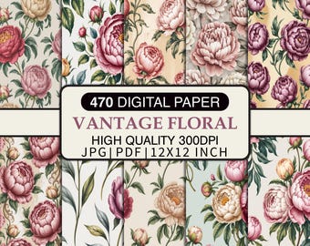 Paquete de papeles digitales florales vintage, paquete de papeles con estampado de peonías, papel para álbumes de recortes shabby chic, JPG PDF imprimible, conjunto de fondos florales digitales