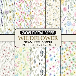 May include: Ten digital papers showcasing watercolour wildflower patterns. Each paper has a unique seamless design with various floral arrangements in soft pastel colours. The image includes a banner that reads "305 DIGITAL PAPER WILDFLOWER SEAMLESS 300DPI JPG | PDF | 30x30 CM."