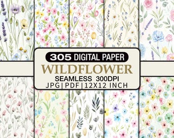 Papel digital de acuarela con motivos florales silvestres, patrones florales sin costuras (PDF y JPG)