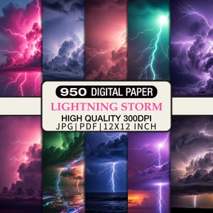 Könnte beinhalten: Eine Sammlung digitaler Papiere mit lebhaften Gewittern. Die Bilder zeigen Blitze vor farbenfrohen Himmeln in Rosa, Lila, Grün und Blau. Der Text auf dem Bild lautet "950 Digital Paper Lightning Storm 12x12 inch".