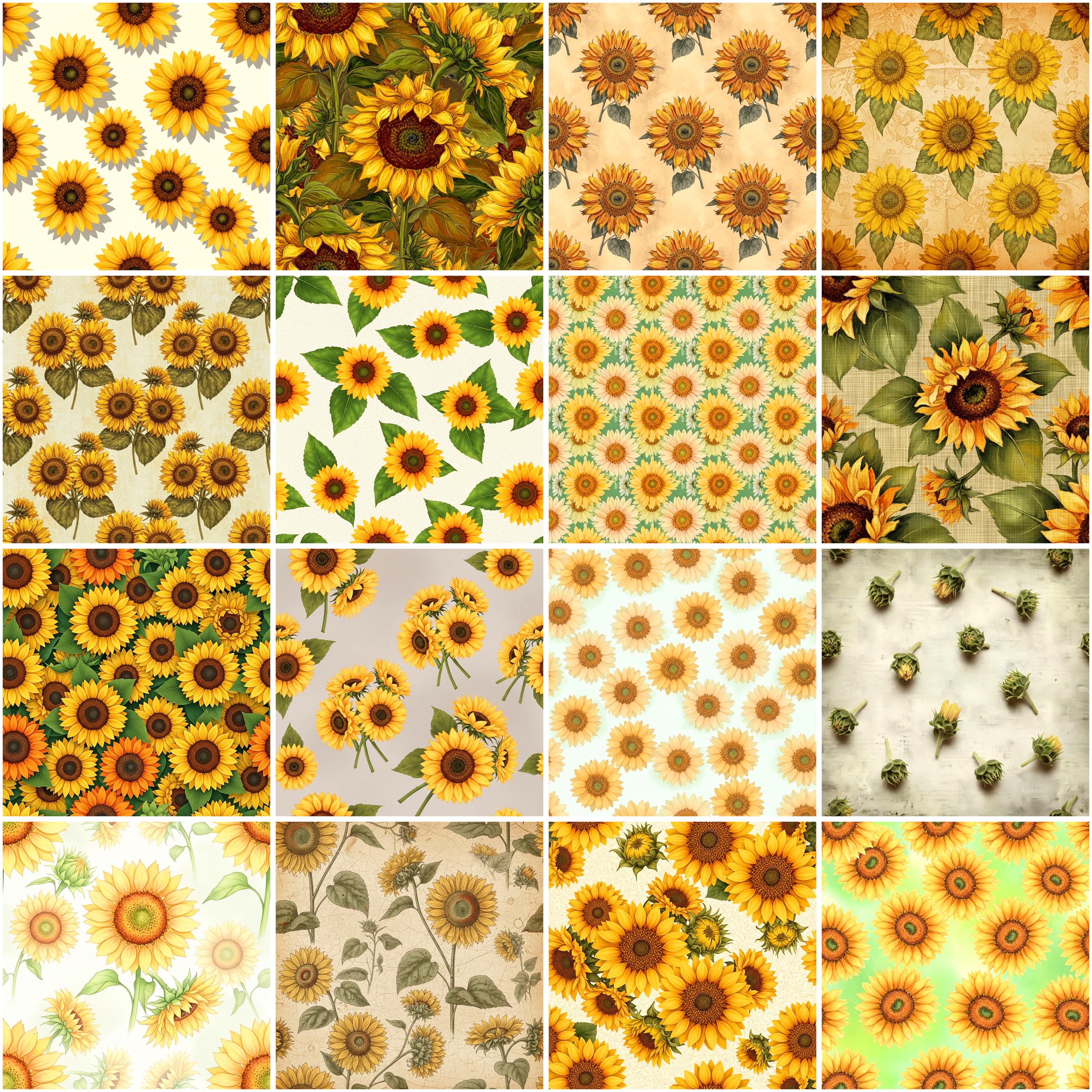 Sunflower Digital Paper Pack, Seamless Floral Patterns, Rustic ...