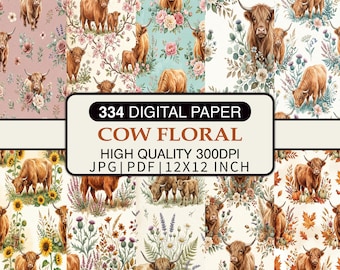 Paquete de papeles digitales con estampado floral de vacas, patrones sin costuras de vacas de las Tierras Altas, papel para álbumes de recortes de estilo rústico, fondos florales rústicos imprimibles.