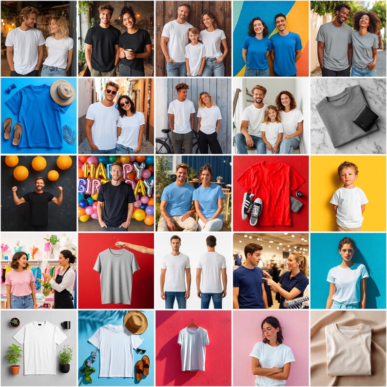 May include: A collage of various t-shirts in different colors, including white, black, blue, and gray. Some images feature people wearing the shirts, while others show the shirts on their own. The shirts are all short-sleeved and appear to be made of cotton.