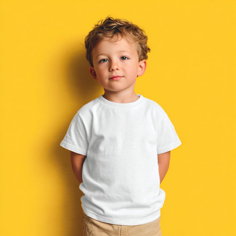 May include: A young child wearing a plain white t-shirt and khaki pants stands against a bright yellow background. The t-shirt is short-sleeved and appears to be made of cotton. The child has light brown hair and is looking directly at the camera.