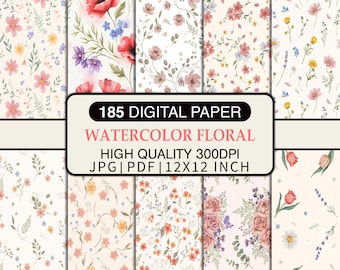 Paquete de papeles digitales con estampado floral en acuarela, papel con diseño floral vintage, paquete de papeles imprimibles para álbumes de recortes, JPG PDF, conjunto de fondos digitales
