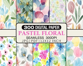 300 Pastel Floral Watercolor Paper, Seamless Flower Backgrounds (Digital Download)