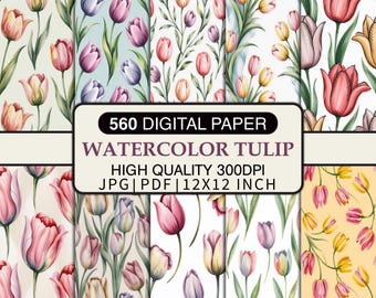 Paquete de papeles digitales de tulipanes en acuarela, paquete de patrones florales de tulipanes, papel para álbumes de recortes con flores de primavera, JPG PDF imprimible, conjunto de fondos digitales