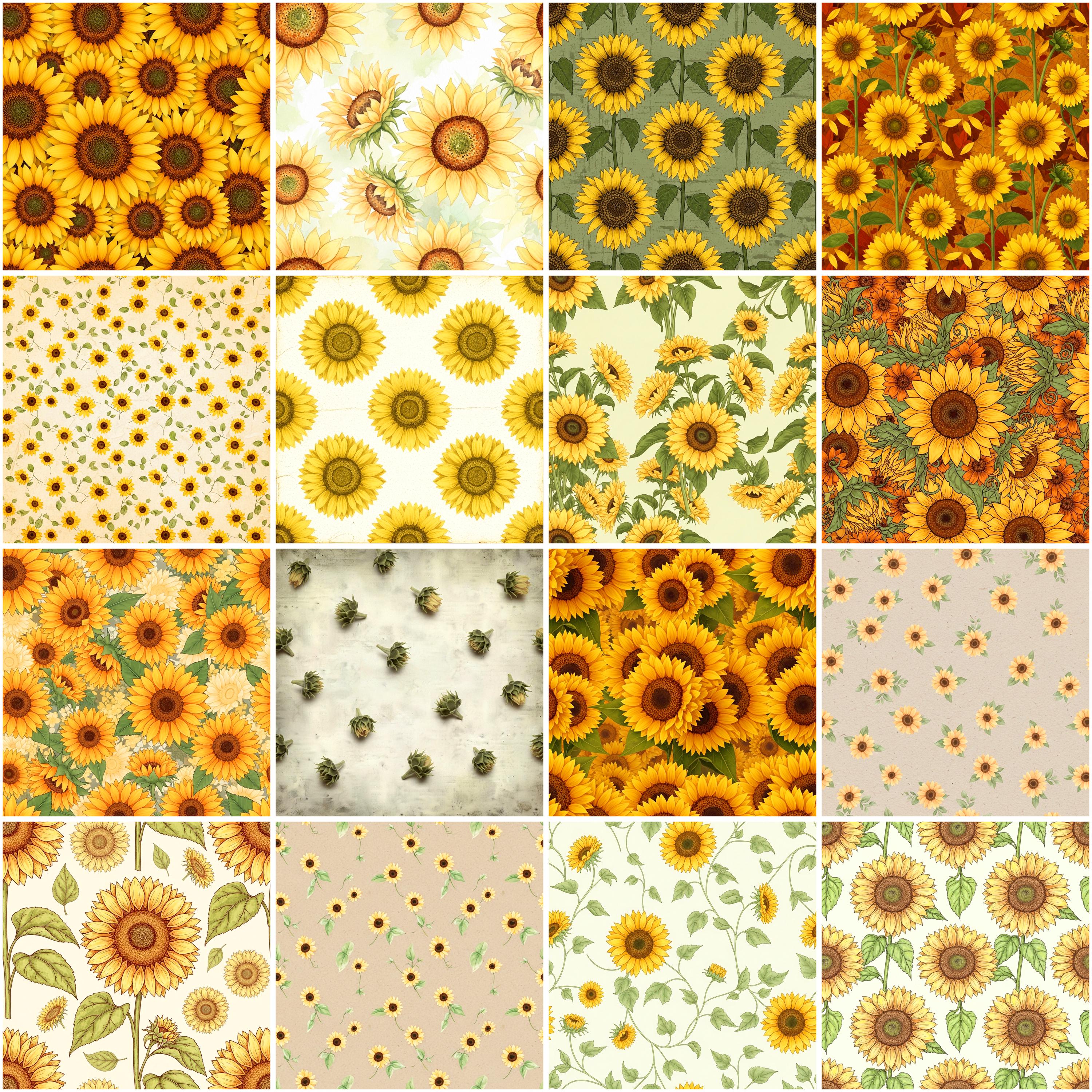 Sunflower Digital Paper Pack, Seamless Floral Patterns, Rustic ...