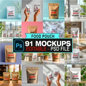Mockupbundel voedselzakje, 91 Doypack PSD-sjablonen (digitale download)