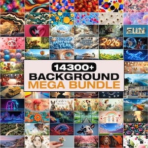 Puede incluir: Un collage de varios fondos de arte digital, con diversos temas y estilos. La imagen incluye el texto "14300+ BACKGROUND MEGA BUNDLE". Los fondos muestran una variedad de temas, incluyendo escenas de la naturaleza, patrones abstractos e ilustraciones temáticas de vacaciones.