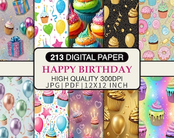 Paquete de papeles digitales de cumpleaños, patrones sin costuras para fiestas, fondos de cupcakes y globos, papel para álbumes de recortes de feliz cumpleaños, paquete JPG imprimible