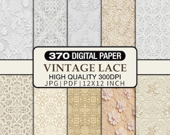 Paquete de papeles digitales de encaje vintage, fondos florales sin costuras, álbum de recortes estilo shabby chic (JPG PDF de 12x12)