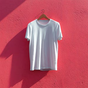 May include: A plain white t-shirt hangs on a wooden hanger against a vibrant red wall. The t-shirt is made of a soft material and has a crew neck. The sunlight casts a shadow on the wall, creating a contrast between light and dark.