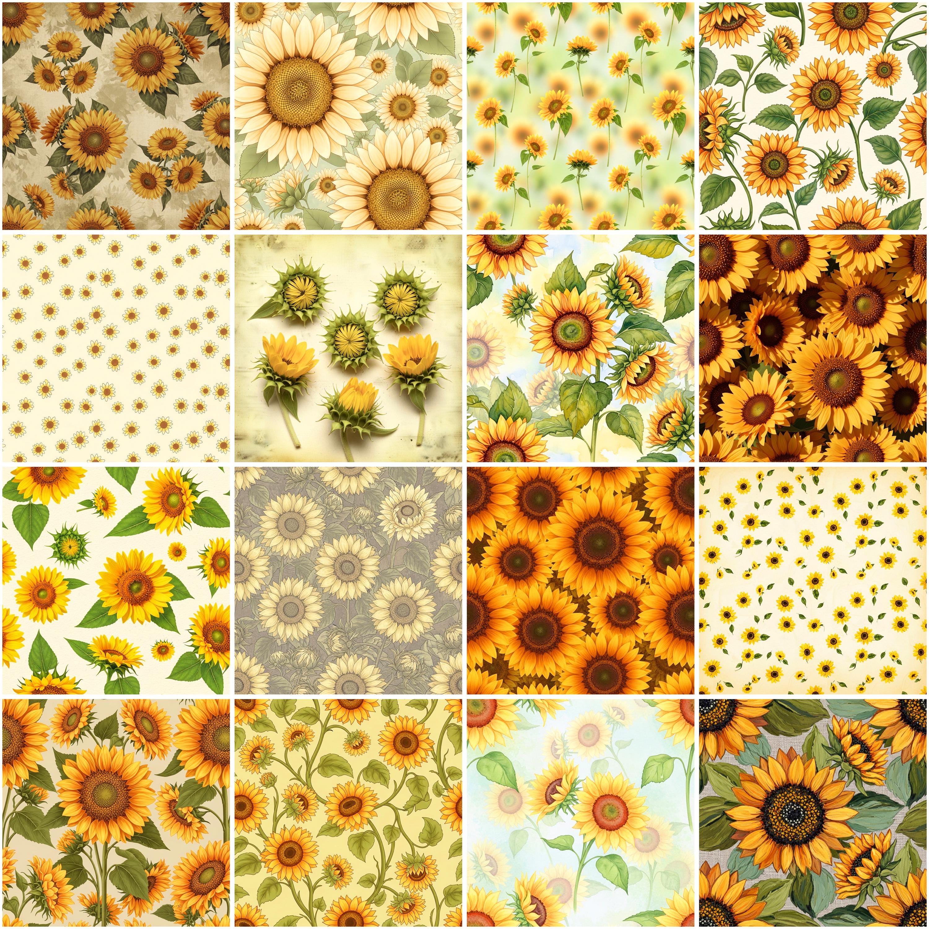 Sunflower Digital Paper Pack, Seamless Floral Patterns, Rustic ...