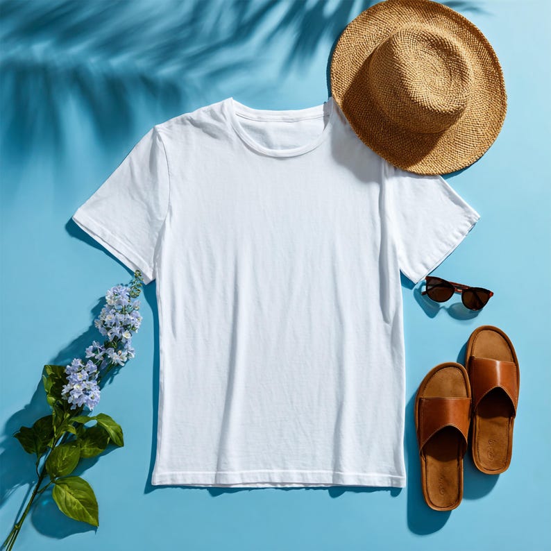 May include: A white crew neck t-shirt is the focal point of this image, accompanied by a straw hat, brown sunglasses, and leather sandals. A sprig of blue flowers adds a touch of color against the light blue background. The scene evokes a sense of summer and relaxation.
