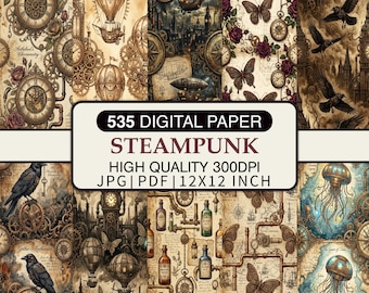 Steampunk Digital Paper Bundle, Vintage Gothic Scrapbook Paper, Victorian Clockwork Seamless Patterns, Junk Journal Backgrounds