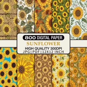 May include: A collection of digital papers featuring sunflower designs. The papers showcase various patterns, including detailed floral arrangements and repeating sunflower motifs. The text on the image reads "800 DIGITAL PAPER SUNFLOWER HIGH QUALITY 300DPI JPG | PDF | 12X12 INCH".