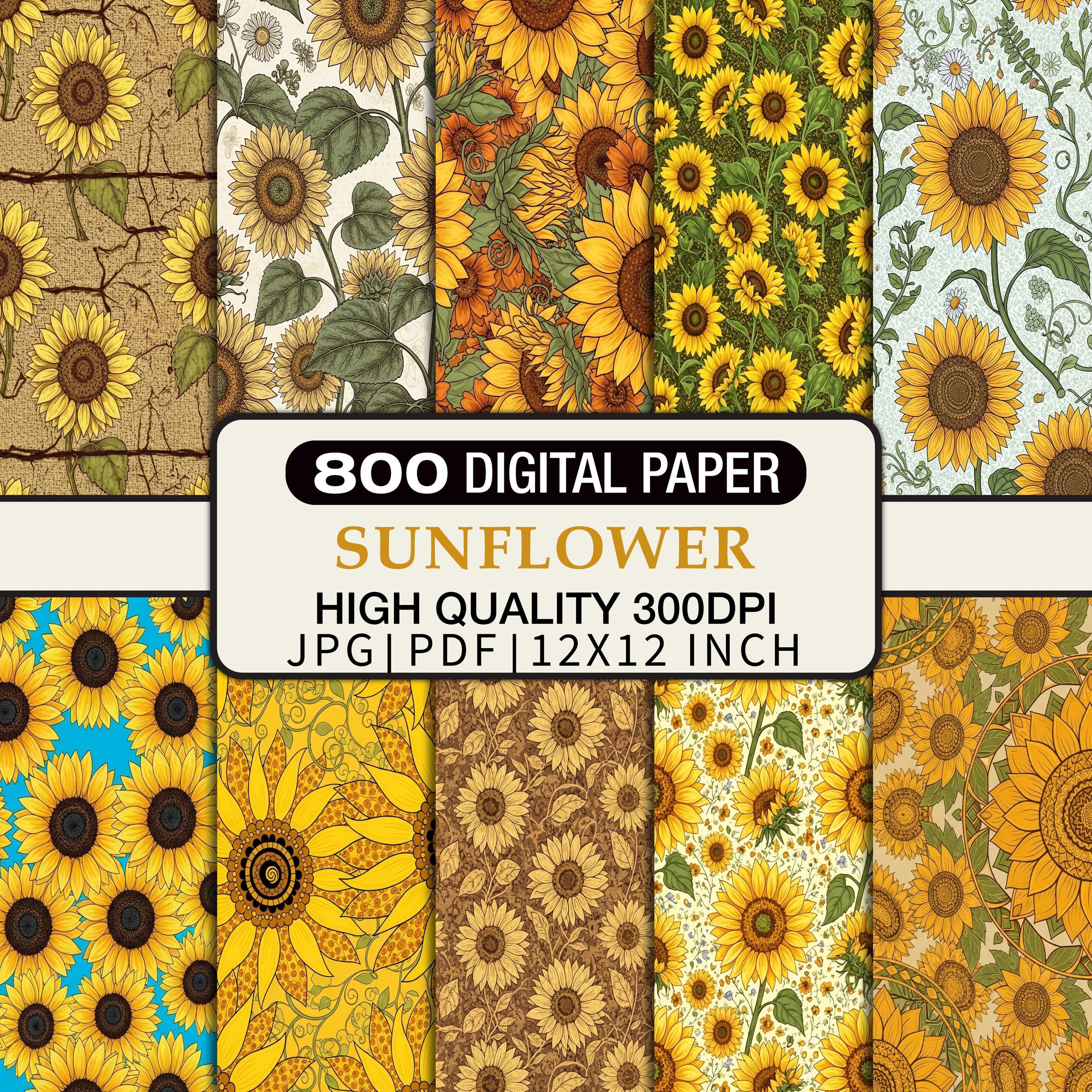 Sunflower Digital Paper Pack, Seamless Floral Patterns, Rustic ...