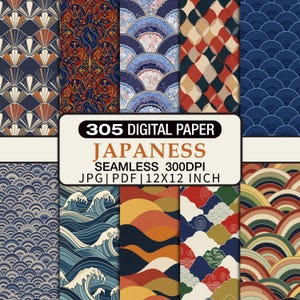 May include: A collection of 305 digital papers with Japanese-inspired seamless patterns. The designs feature fan shapes, floral motifs, and wave patterns in shades of blue, red, and gold. The image includes the text "JAPANESS" and "12x12 INCH".