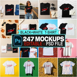 Pacote de Mockups de Camisetas em Preto e Branco, Templates PSD para Impressão Sob Demanda (Download Digital)