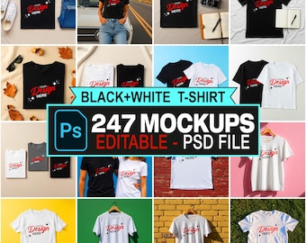 Paquete de maquetas de camisetas en blanco y negro, plantillas PSD para impresión bajo demanda (descarga digital)