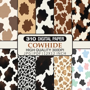 Może przedstawiać: Kolekcja cyfrowych wzorów papieru z motywami skóry krowy w różnych kolorach, w tym brązowym, czarnym i białym. Wzory mają wymiary 30,48 cm x 30,48 cm i są wysokiej jakości. Tekst na obrazie brzmi "310 DIGITAL PAPER COWHIDE".