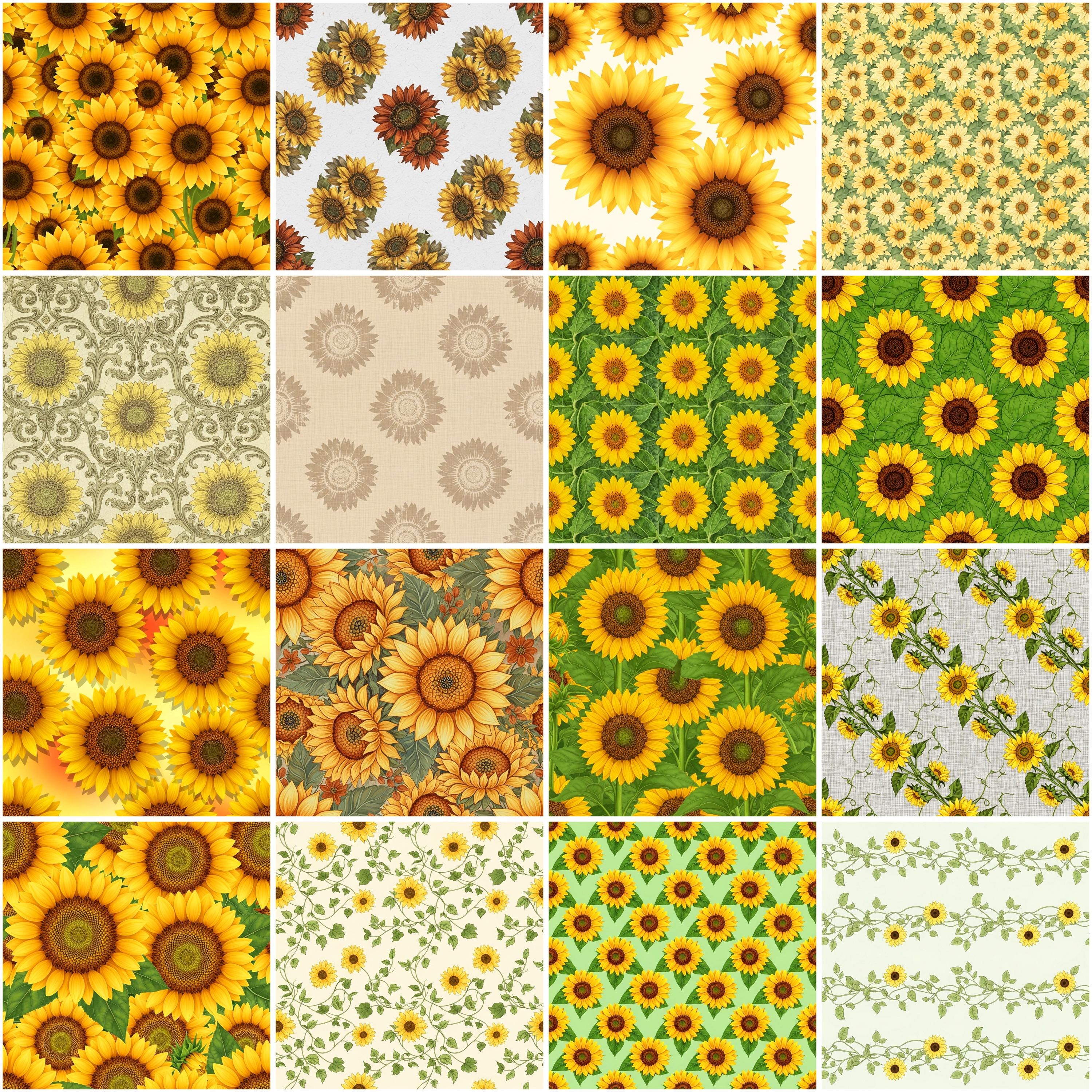 Sunflower Digital Paper Pack, Seamless Floral Patterns, Rustic ...