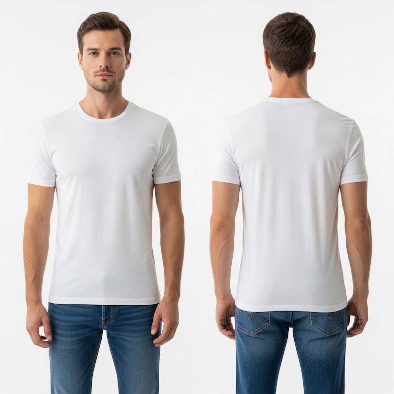 May include: A white crew neck t-shirt. The image shows the front and back of the shirt. The shirt is plain and has short sleeves. The model is wearing blue jeans.
