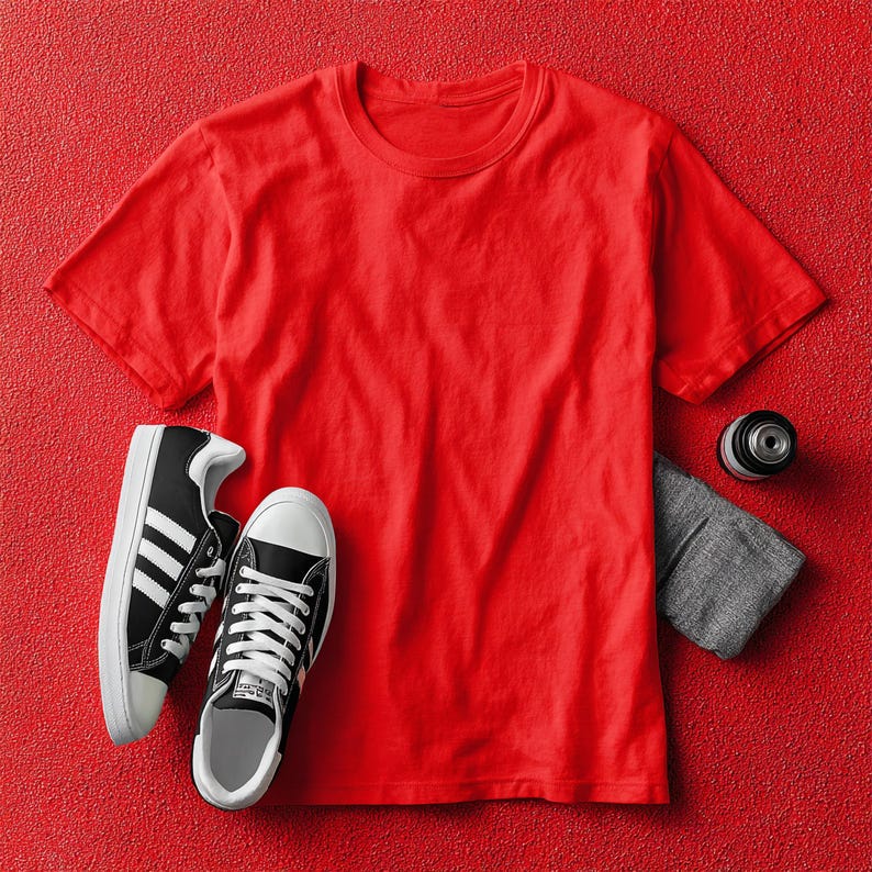 May include: A red crew neck t-shirt, black and white sneakers, a gray wristband, and a black camera lens are arranged on a red textured surface. The sneakers have white soles and laces. The wristband is folded.