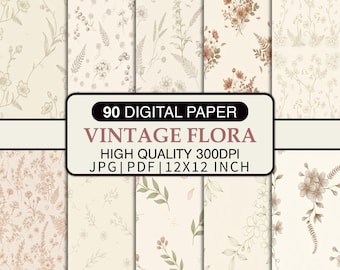 Paquete de 90 papeles digitales florales vintage, estampados de flores, papel para álbumes de recortes estilo shabby chic, fondos imprimibles, diario creativo.