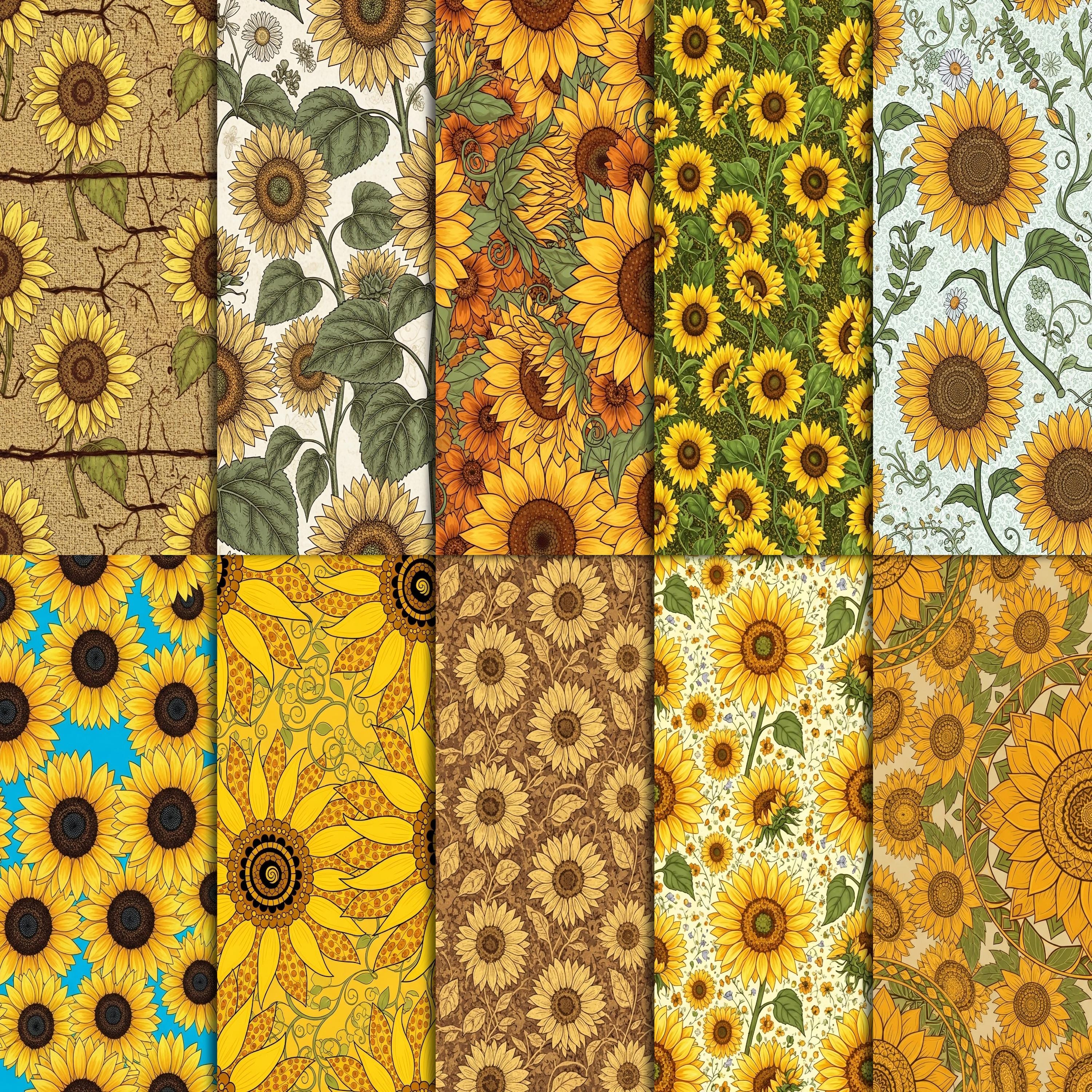 Sunflower Digital Paper Pack, Seamless Floral Patterns, Rustic ...