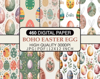 Paquete de papeles digitales Boho Easter, paquete de papeles con estampado de huevos de Pascua, papel para álbumes de recortes de primavera, JPG PDF imprimible, conjunto de fondos digitales