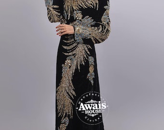 Bestickter Samtkaftan Abaya, islamische Kleidung, arabischer Kaftan mit langen Ärmeln, Dubai-Muslim-Kleid