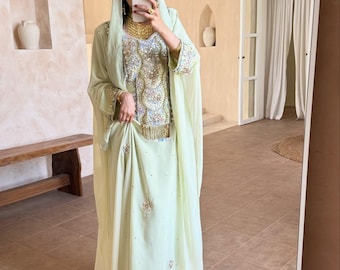 Samt-Kaftan-Abaya: Handbesticktes, langärmeliges Abendkleid, neuer langer Jackenmantel