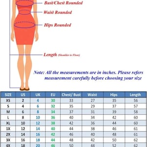 K&ouml;nnte beinhalten: Eine Gr&ouml;&szlig;entabelle mit einer Abbildung einer Figur in einem roten Kleid, wobei Linien Brust-, Taillen-, H&uuml;ft- und L&auml;ngenma&szlig;e anzeigen. Eine Tabelle darunter listet Gr&ouml;&szlig;en von XS bis 6X mit den entsprechenden Ma&szlig;en in Zoll auf.