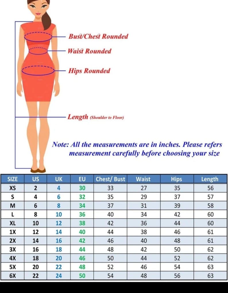 K&ouml;nnte beinhalten: Eine Gr&ouml;&szlig;entabelle mit einer Abbildung einer Figur in einem roten Kleid, wobei Linien Brust-, Taillen-, H&uuml;ft- und L&auml;ngenma&szlig;e anzeigen. Eine Tabelle darunter listet Gr&ouml;&szlig;en von XS bis 6X mit den entsprechenden Ma&szlig;en in Zoll auf.