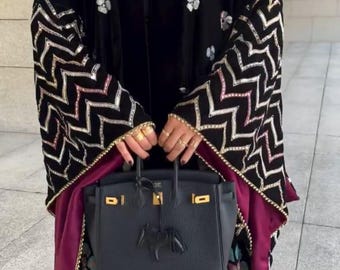 Samt-Kaftan-Abaya: Handbesticktes, langärmeliges Abendkleid, neuer langer Jackenmantel