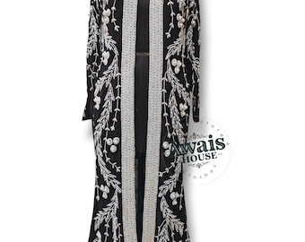 Feestelijke avondkleding: lange kaftan-abaya en lange jas van chiffon en polyester, verfraaid met kralen, strass en kristallen