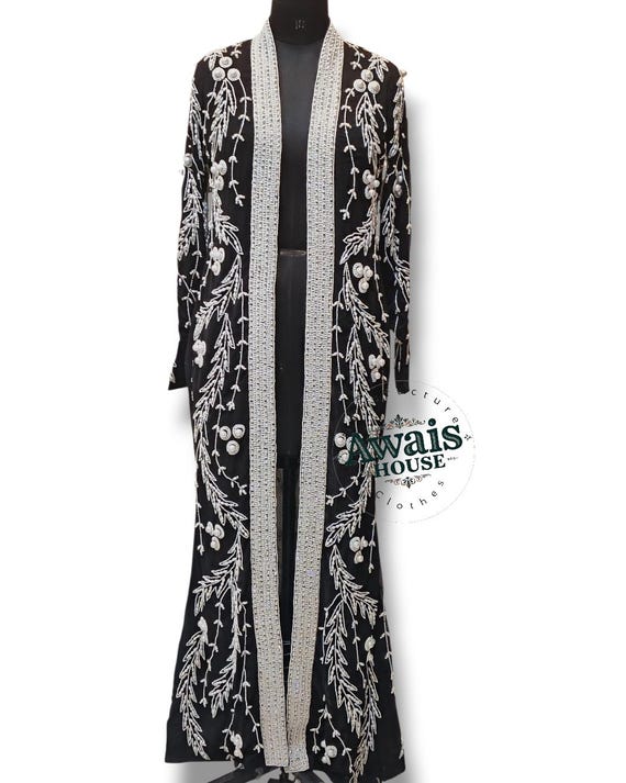 Partywear Evening Chiffon Polyster Beaded Rhinestone Crystal  Kaftan Abaya Long Jacket Coat